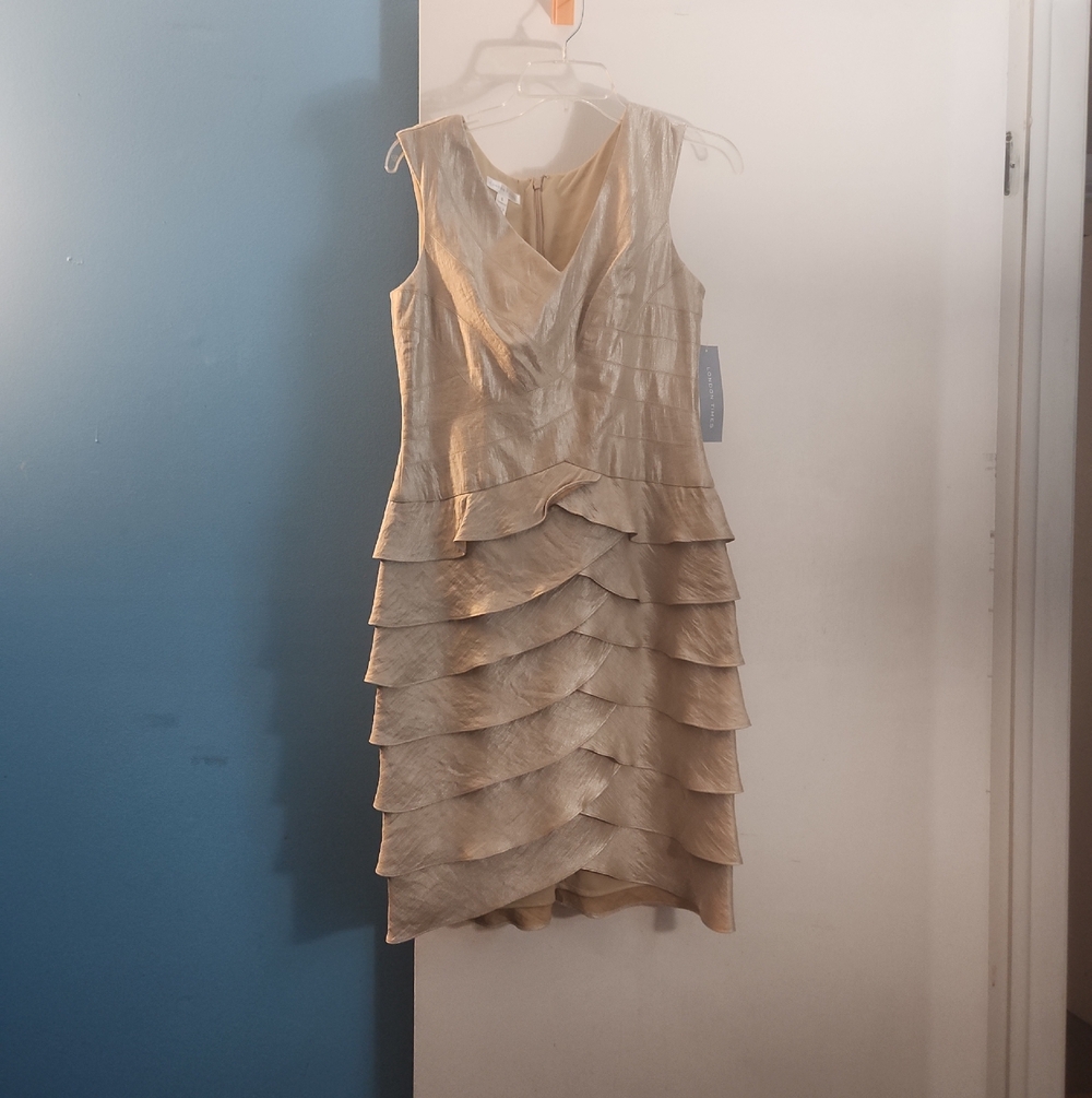 London Times Champagne Tiered Ruffle Midi Dress